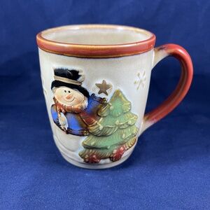 Winter Christmas Snowman Mug Cream Red Embossed Holiday Ceramic Drinkware